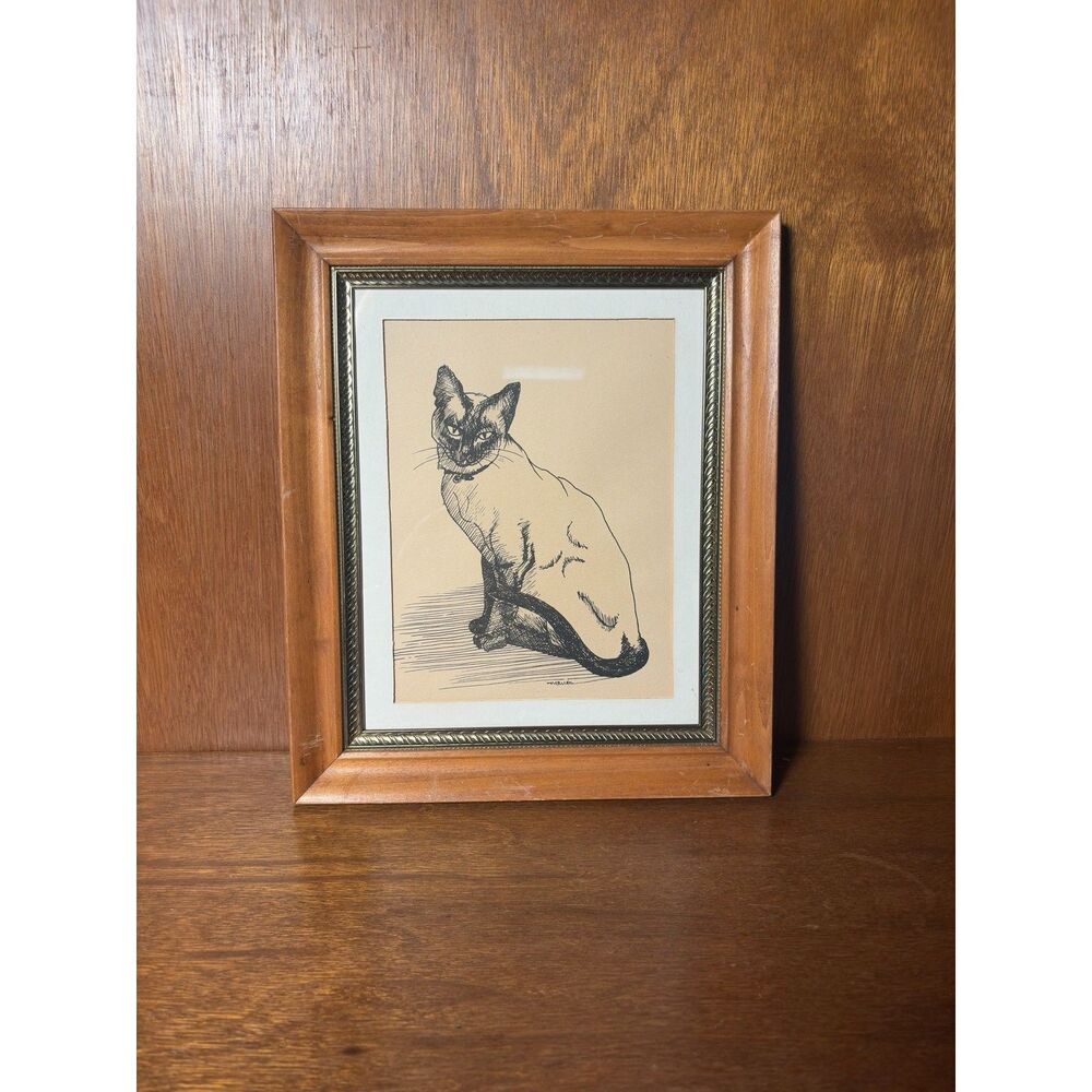 Vintage Siamese Cat Illustration Print Signed Marion Framed 10x12